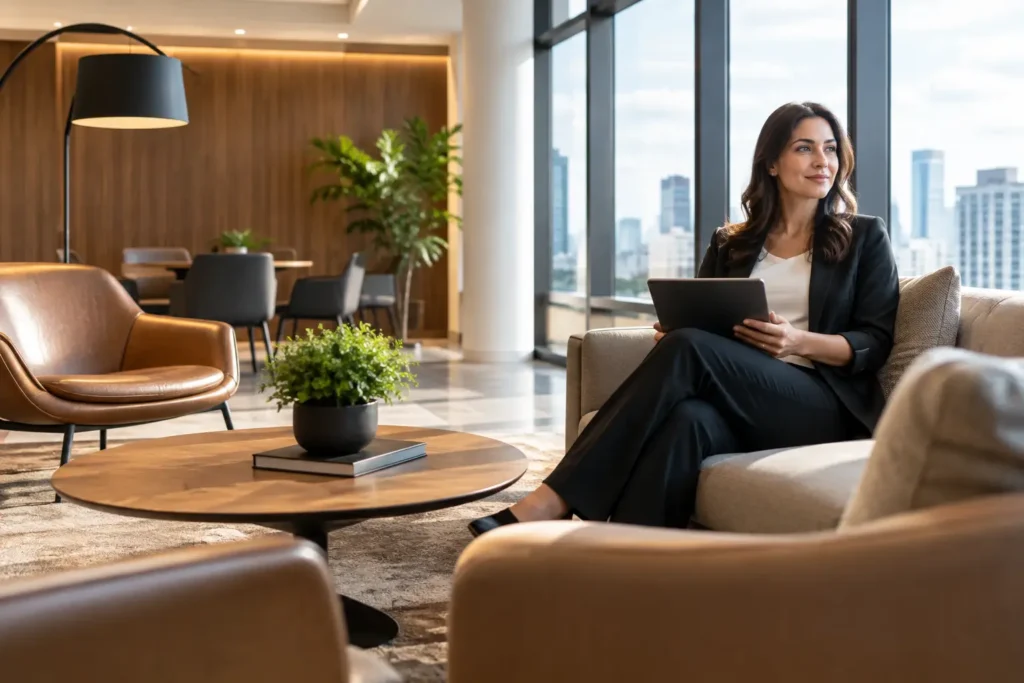 Lounge corporativo premium com identidade e conforto